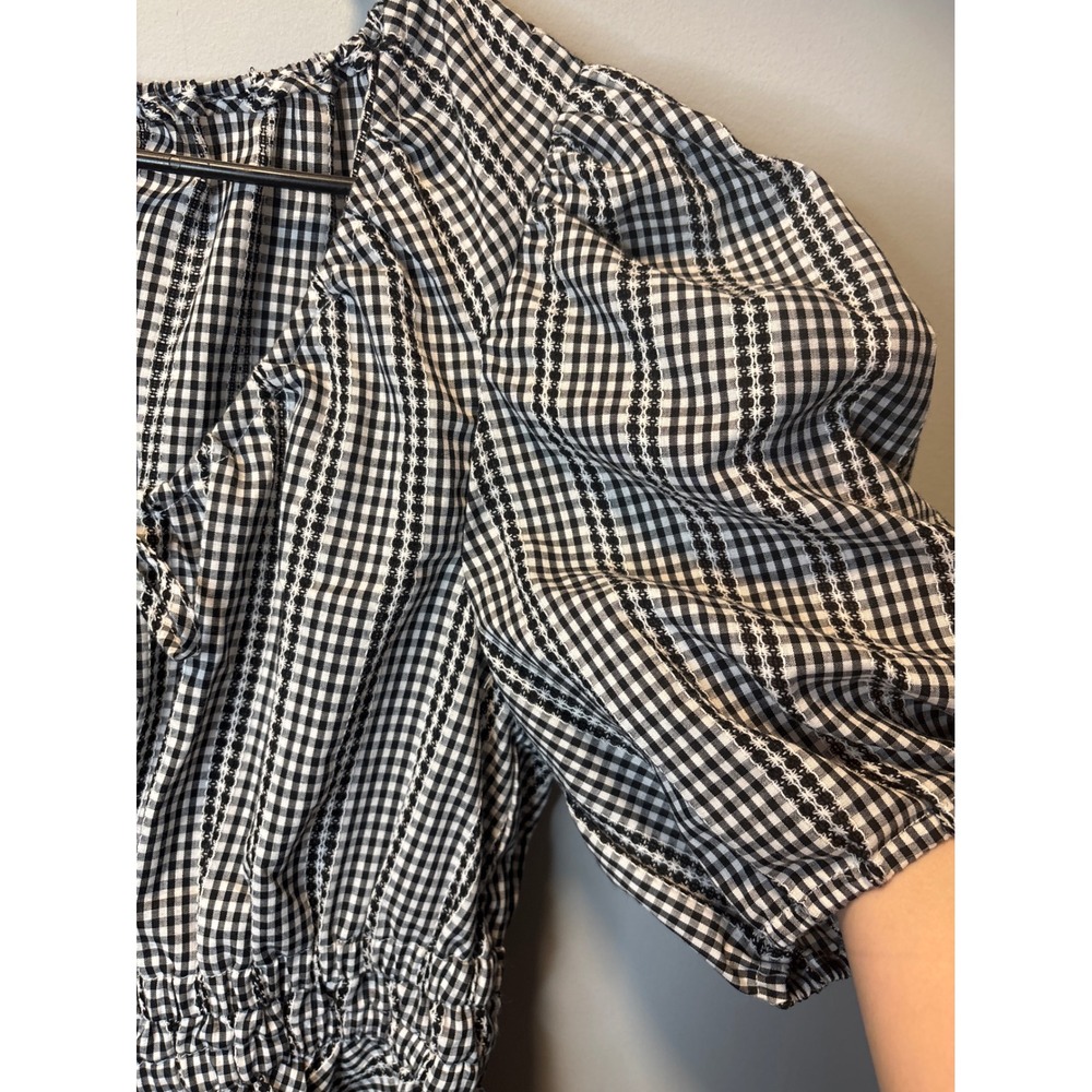 NWT Anthropologie Joie Gingham Puff Sleeve Peplum Blouse Black White Top Size L - Picture 4 of 6
